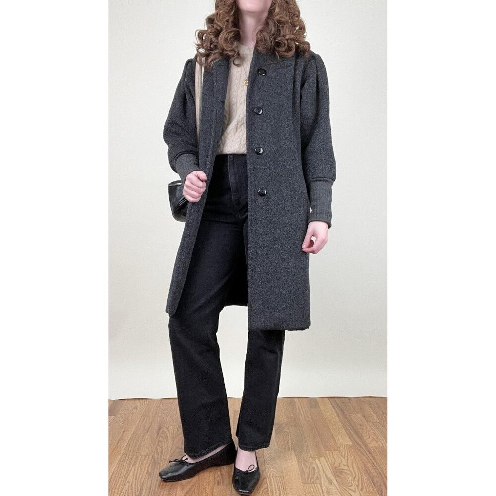 Vintage 80s Parisian Wool Peacoat Jacket Puff Sleeve Long Cuffs French Pea Coat